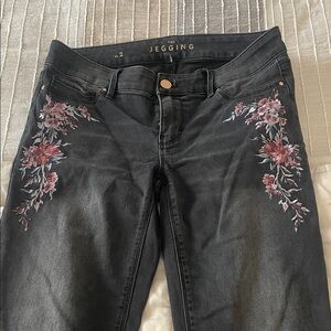 White House Black Market Black Jeans with Pink Floral Embroidery